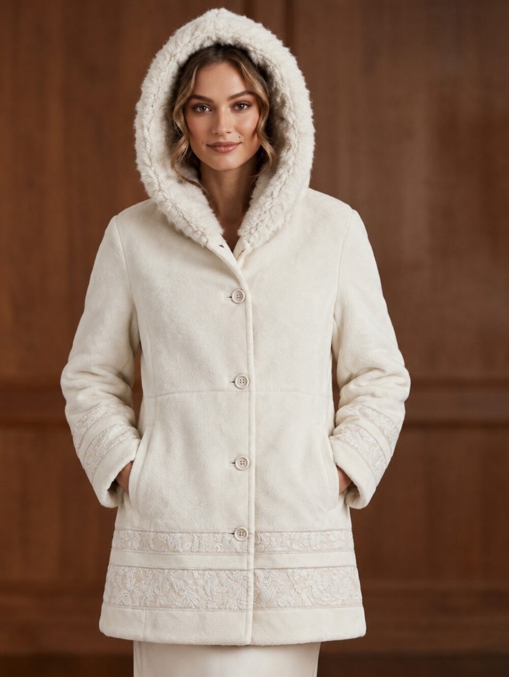 Novelti Vintage Off White Boho Penny Lane Faux Fur Trim Hooded Women Coat 1X